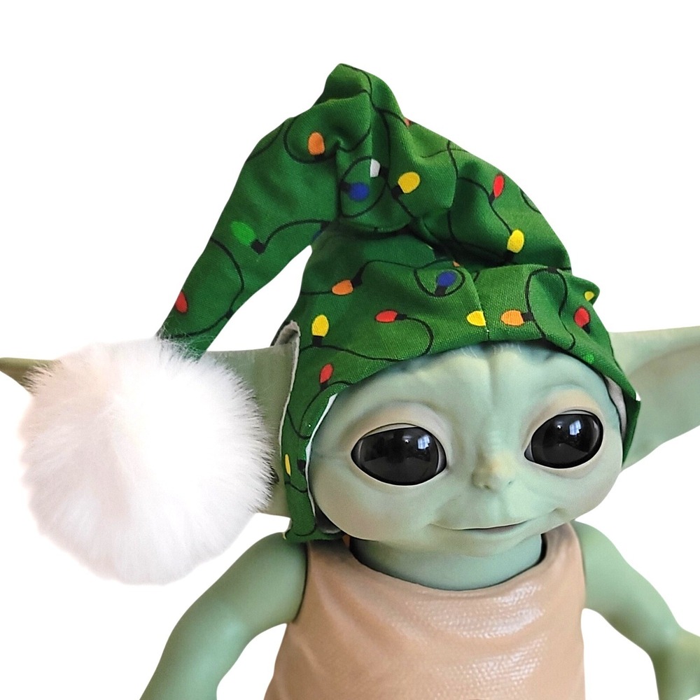 Christmas Lights Hat for 7.5" Grogu Baby Yoda talking Hasbro dolls- faux fur Pom